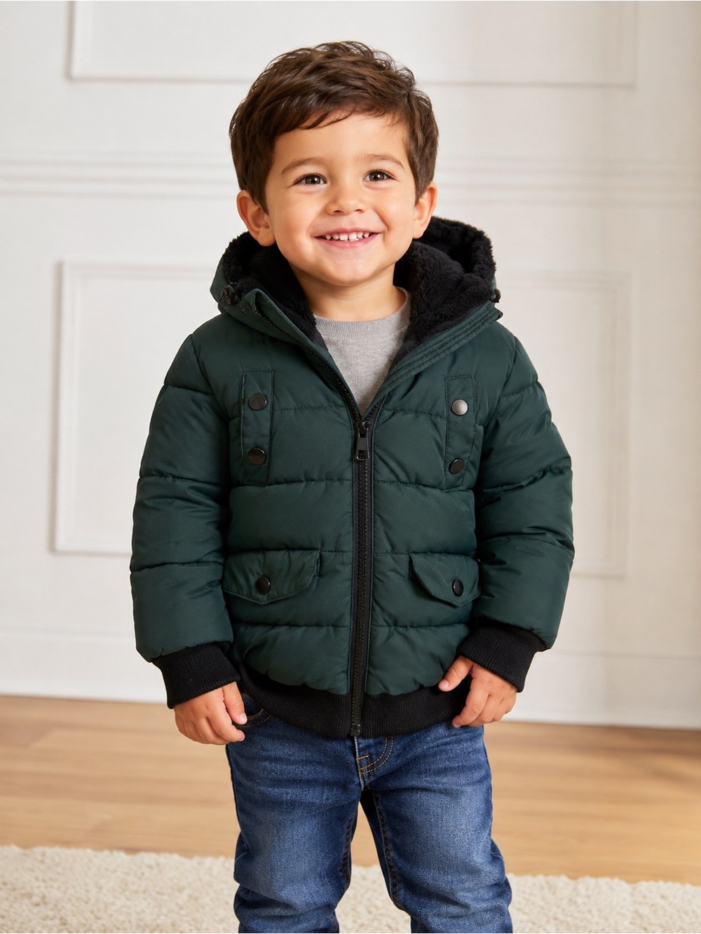 Kids Puffer Hooded Jacket in Dark Green - Cozy Winter Outerwear pockets zipper
